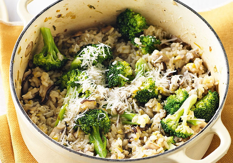 Wild Mushroom Risotto Recipe - Wild mushrooms and broccoli with asparagus