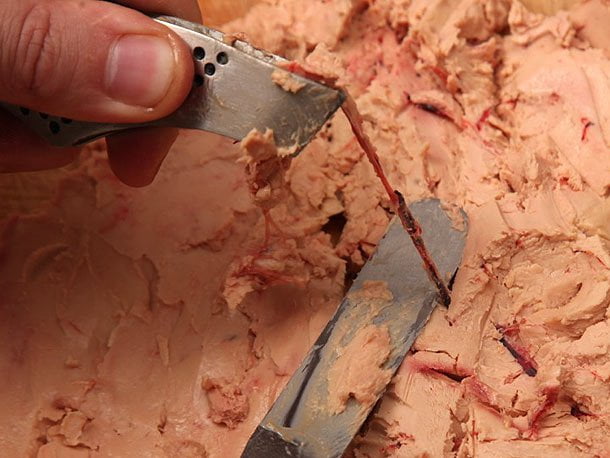 Removing nerves inside duck liver