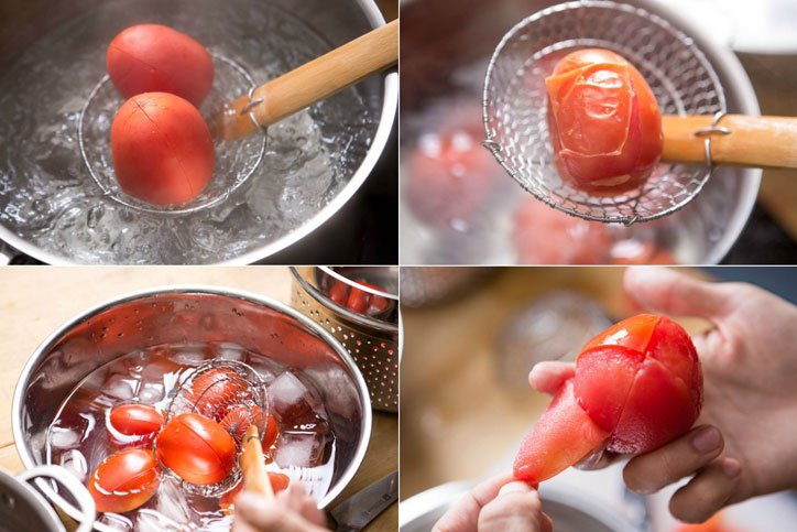 Tomato Soup Recipe - Boil the tomato peels and quickly peel them